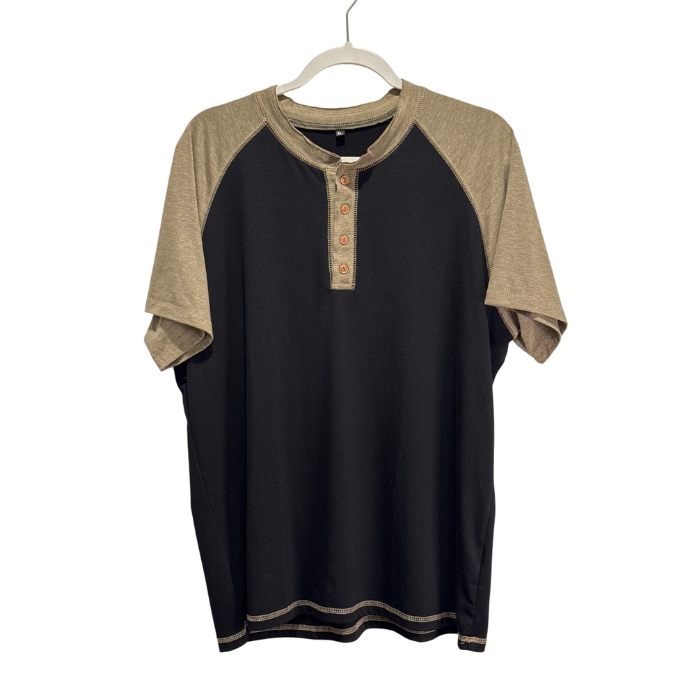 Mens XL Color Block Henley Shirt Short Sleeve Raglan Black Tan Casual Tee